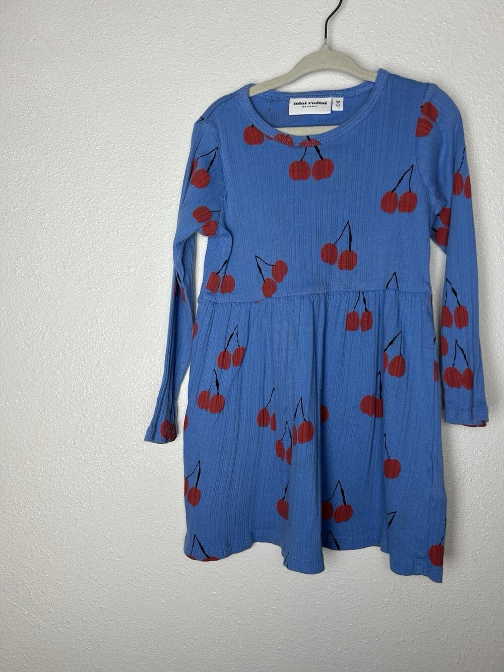Mini Rodini Blue Cherry Print Dress 100% Organic Cotton Size 104/110 4-5 Years